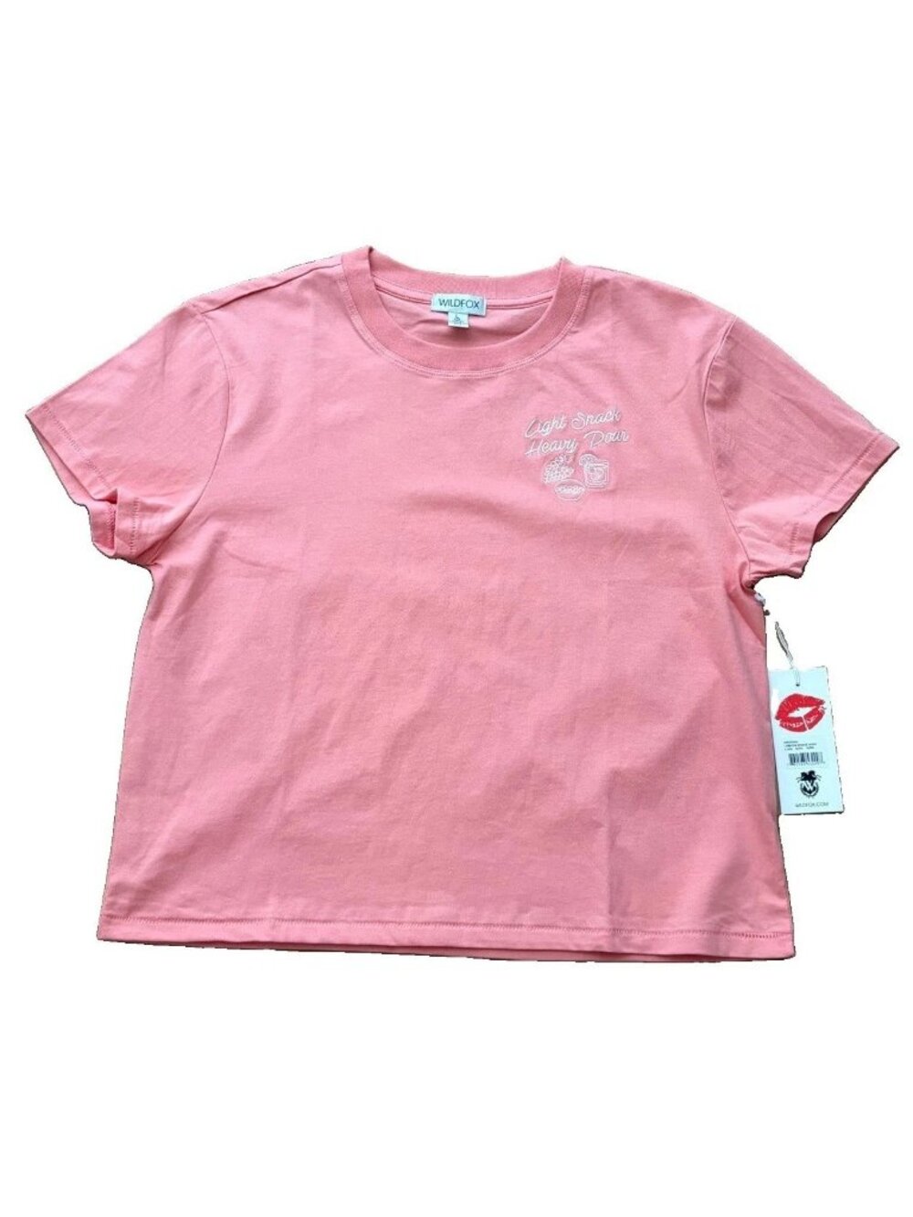 Wildfox Jamie Light Snack Heavy Pour Large Embroidered Pink Tee Shirt NWT